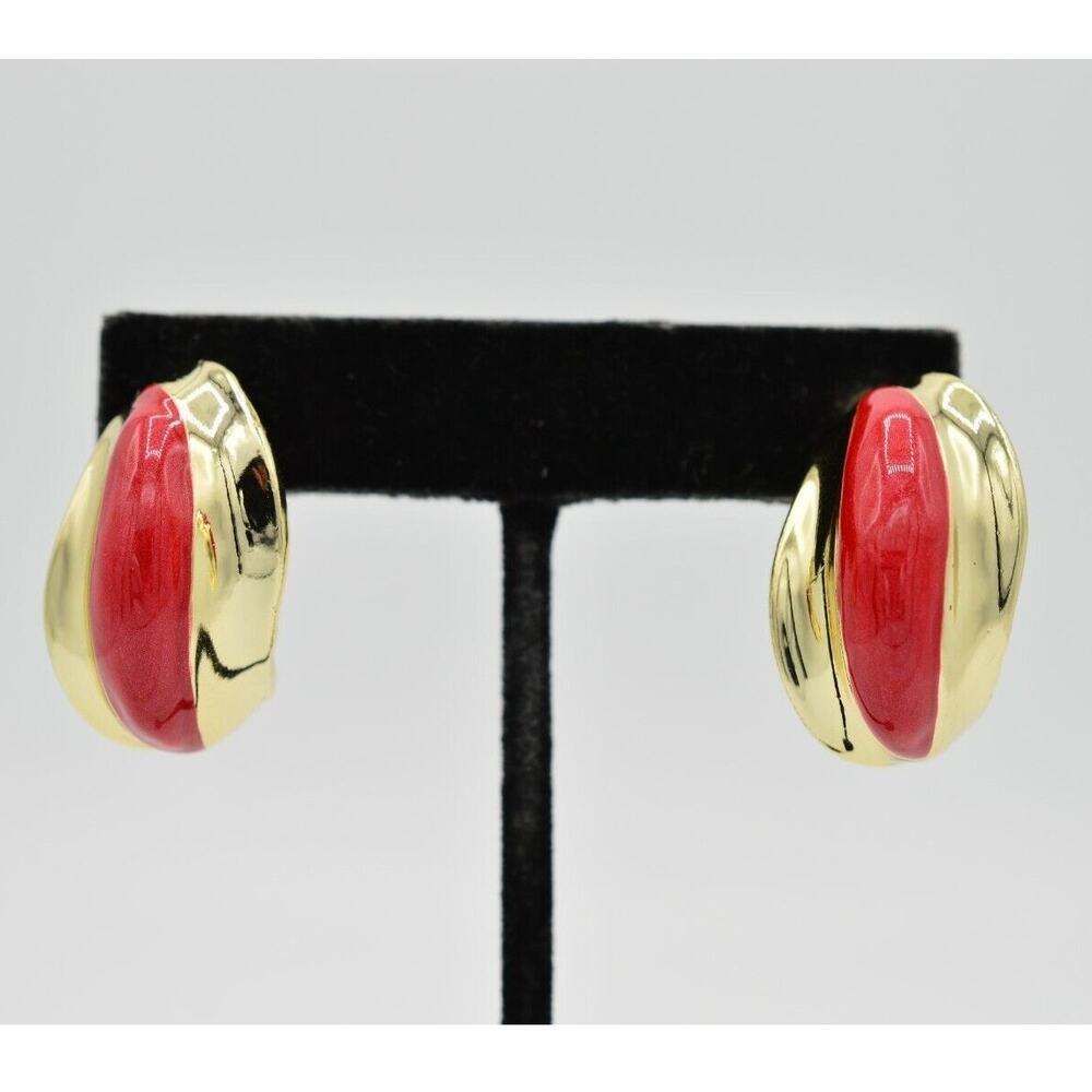 Vintage Dangle Earrings Post Gold Red Enamel Chunky Curled Hoop NOS 1980s Bin4